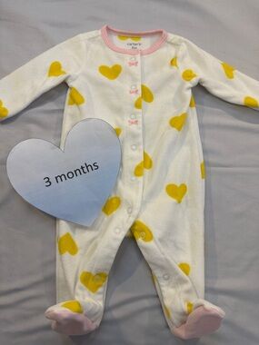 Carter's - Pink Trim Fleece Onesie Sleeper with Yellow Heart and bow accents